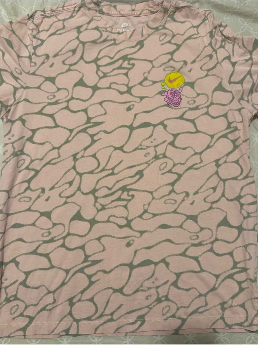 Nike Pink Short Sleeve Tee with Olive Wave Print and Yellow Logo